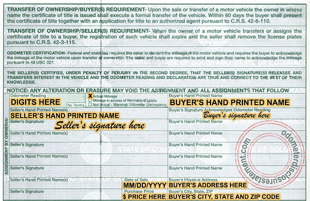 Colorado Odometer Disclosure Statement CO 2023 Form