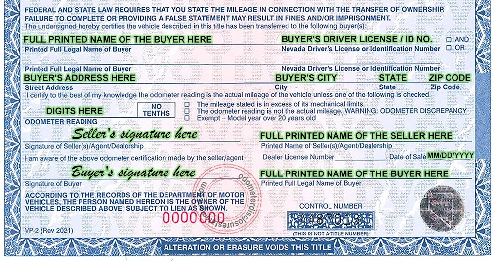 Nevada Odometer Disclosure Statement NV 2024 Form