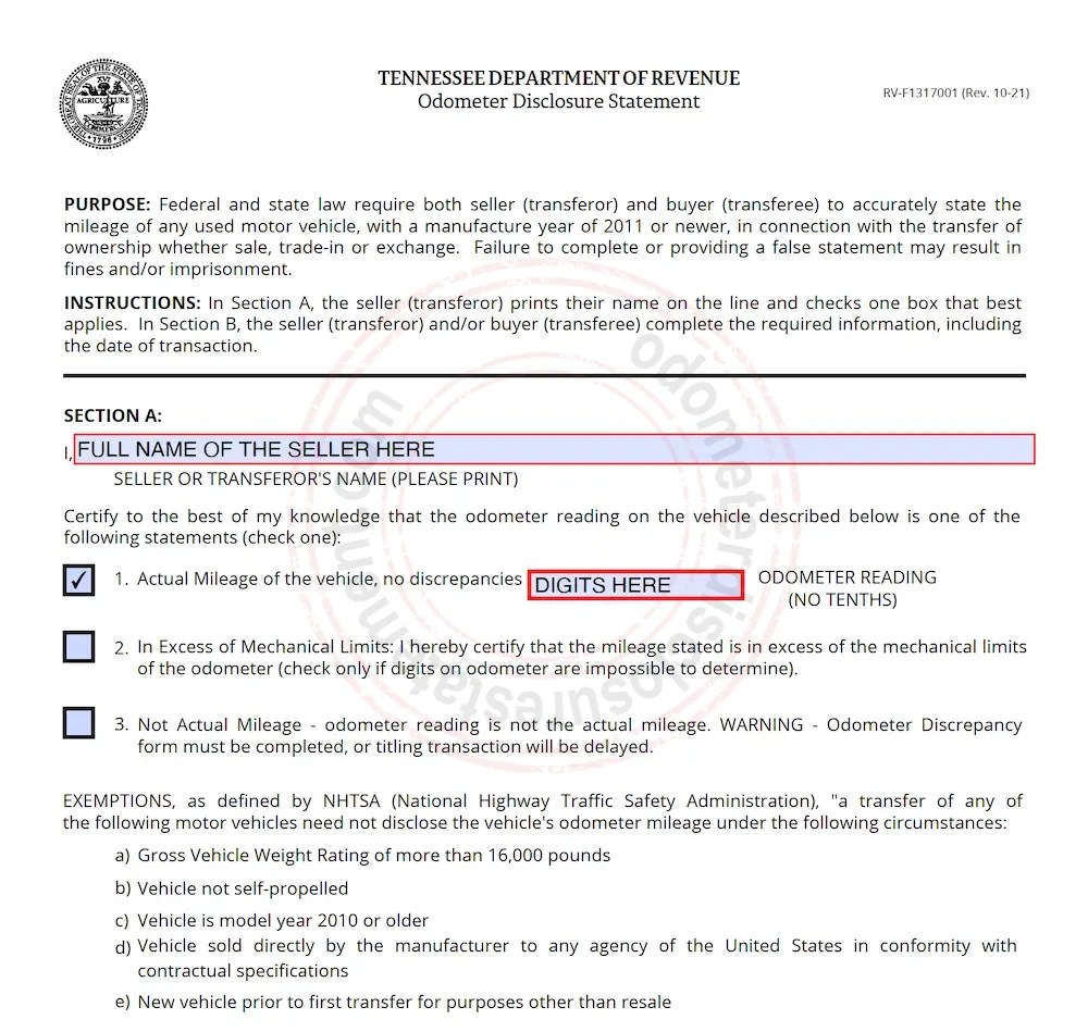 Tennessee Odometer Disclosure Statement TN 2023 Form