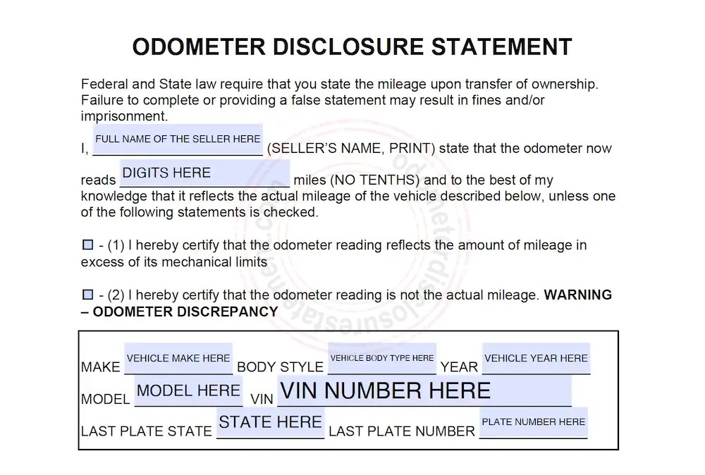 Texas Odometer Disclosure Statement TX 2024 Form