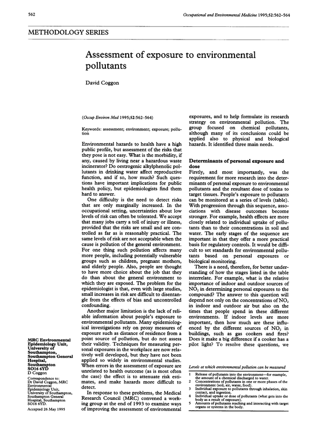 Assessment of exposure to environmental pollutants. Occupational