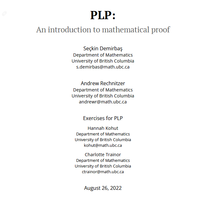 PLP An Introduction to Mathematical Proof UBC OER Collection