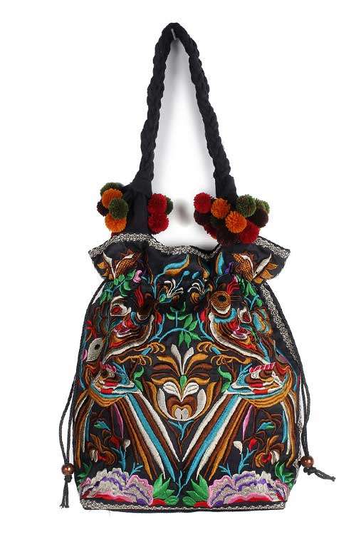 Bohemian Shoulder Bag Hmong Embroidered Bag With Pom Pom Strap Offbeat