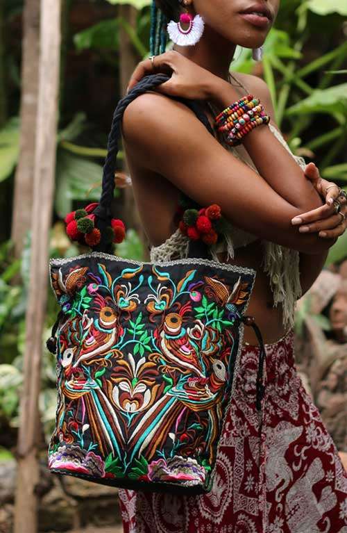 Bohemian Shoulder Bag Hmong Embroidered Bag With Pom Pom Strap Offbeat