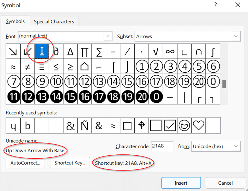 Up Down Arrow with Base ↨ symbol in Word, Excel, PowerPoint and Outlook