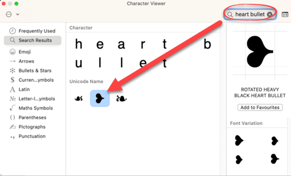 Rotated Heavy Black Heart Bullet symbol in Word, Excel, PowerPoint and