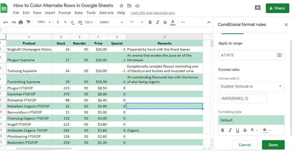 How to color alternate rows in Google Sheets OfficeBeginner