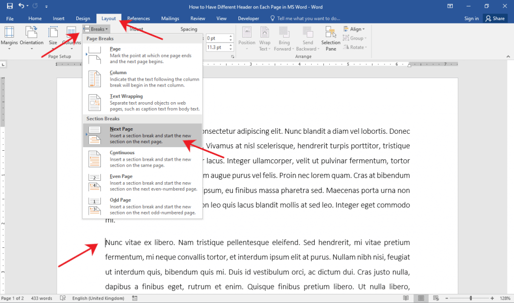 How to have different header for each page in MS Word OfficeBeginner