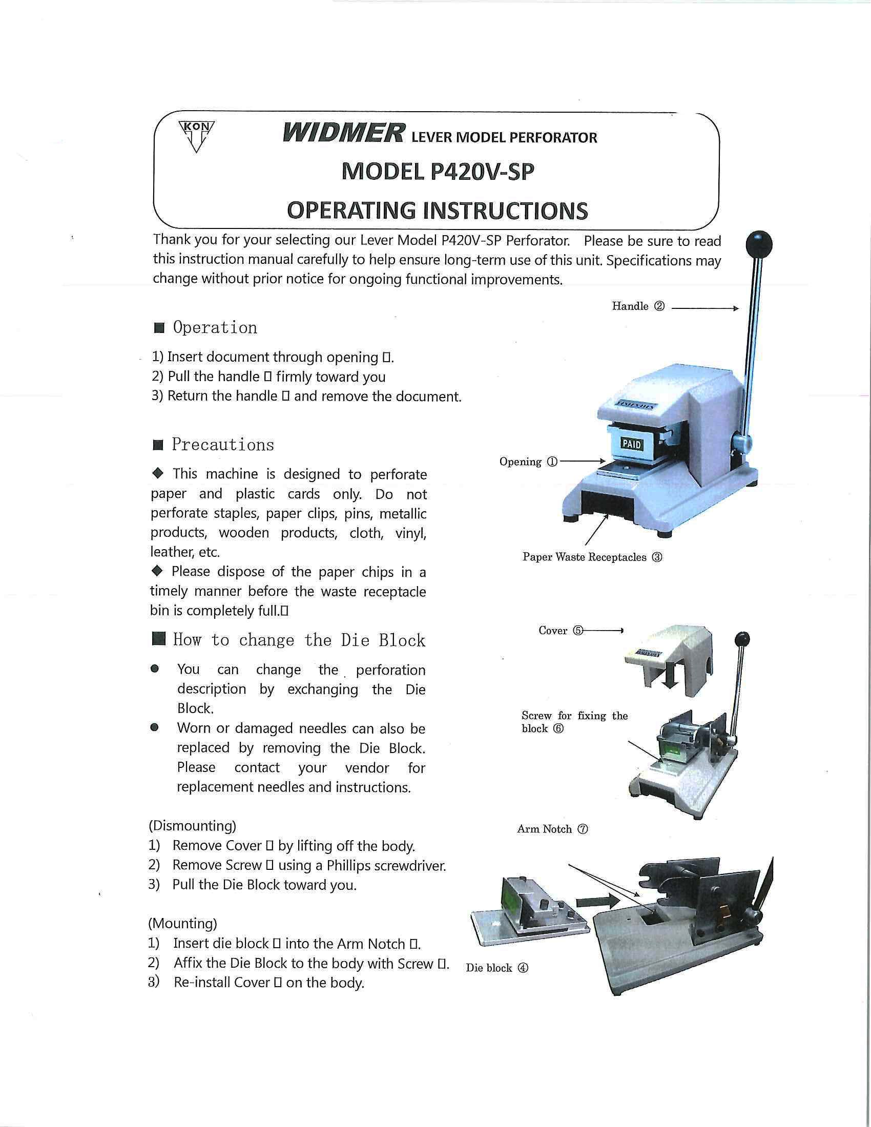 Widmer New Kon P400CO "CANCELADO" Manual Security Perforator