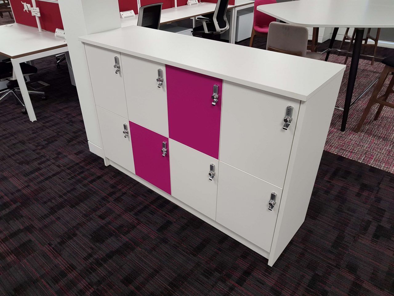 school breakout areas desks and tables lockers and storage recycling units