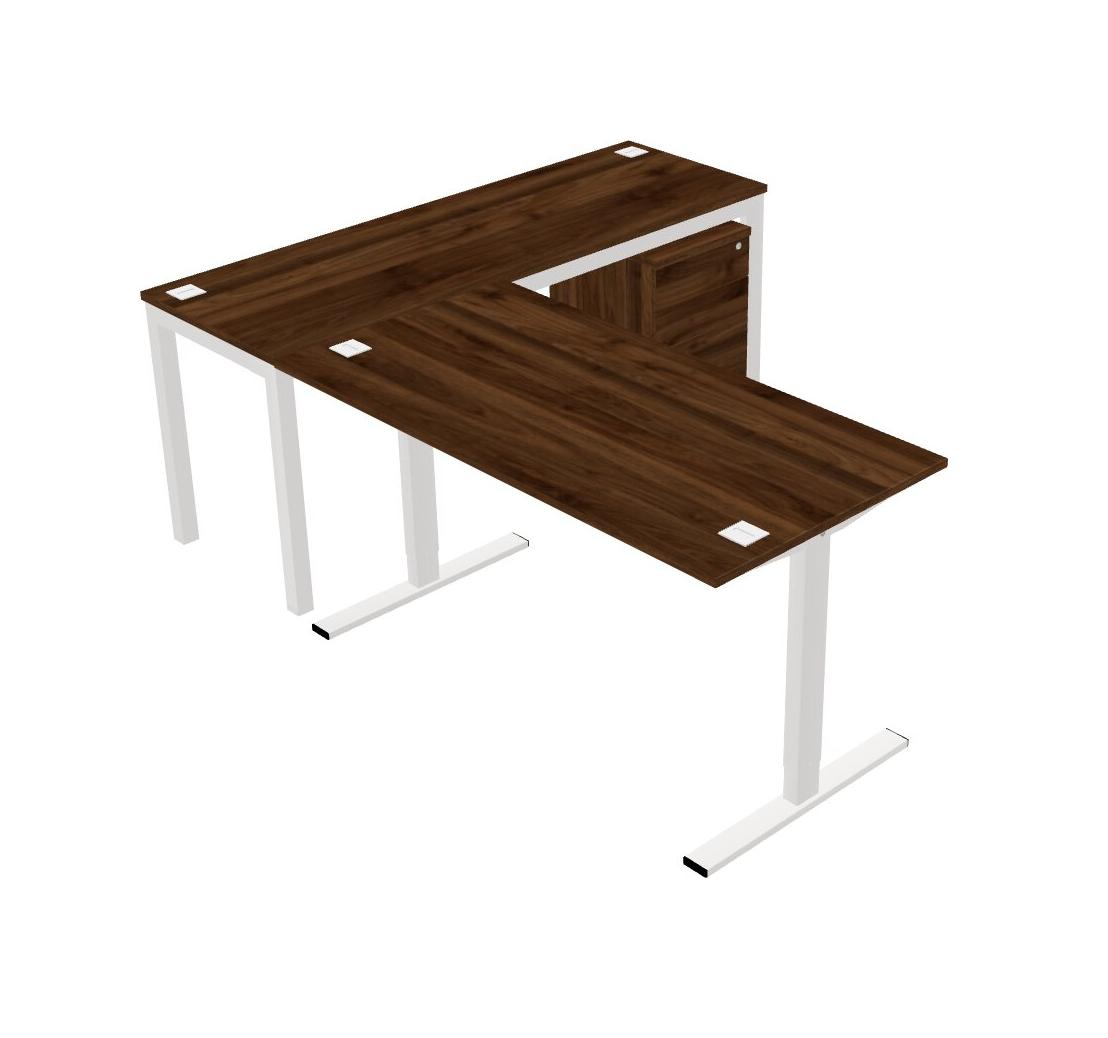 Columbia Walnut L-shaped Height Adjustable Sit-to-Stand Desk + Pedestal