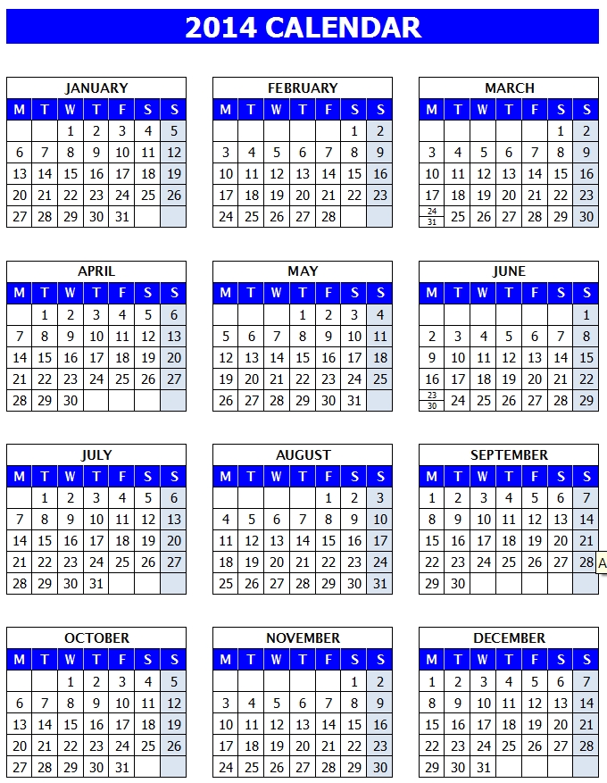 2014 Calendar Templates Microsoft and Open Office Templates