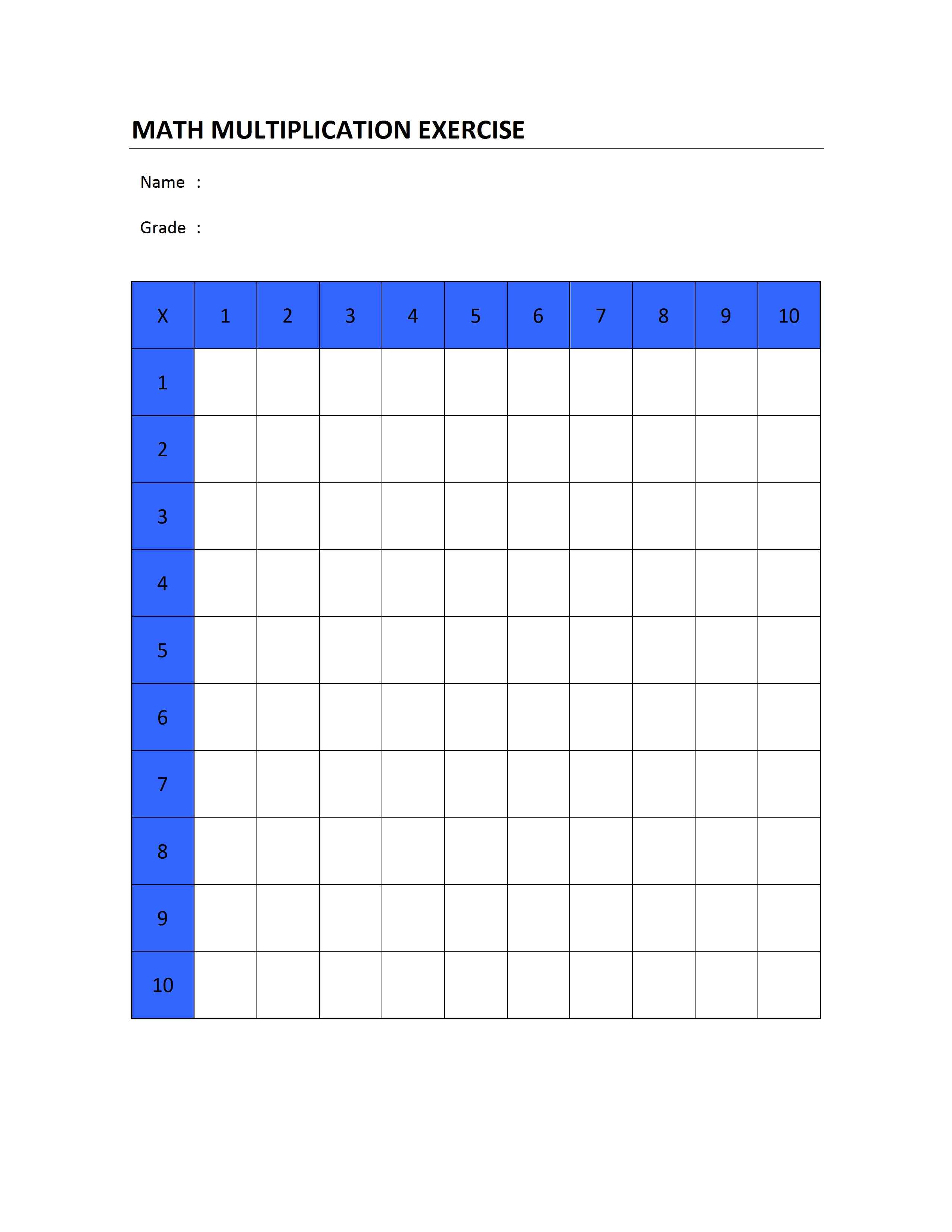 Free Multiplication Table Template