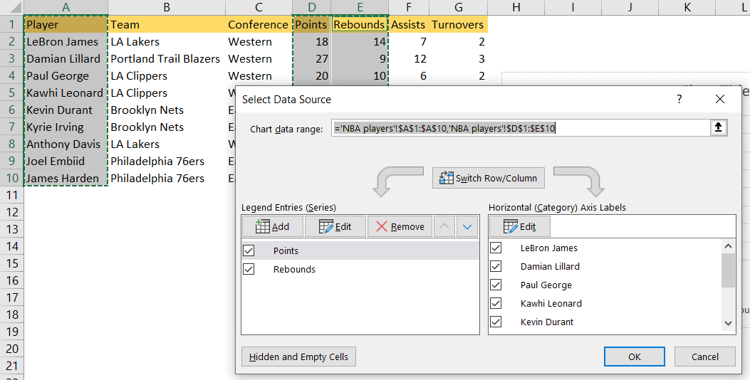 Edit Axis Labels in Excel