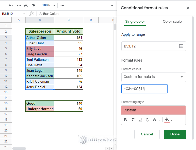 Conditional Formatting Based on Another Cell in Google Sheets OfficeWheel