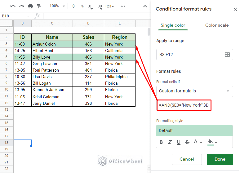 Google Sheets Conditional Formatting Row Based on Cell