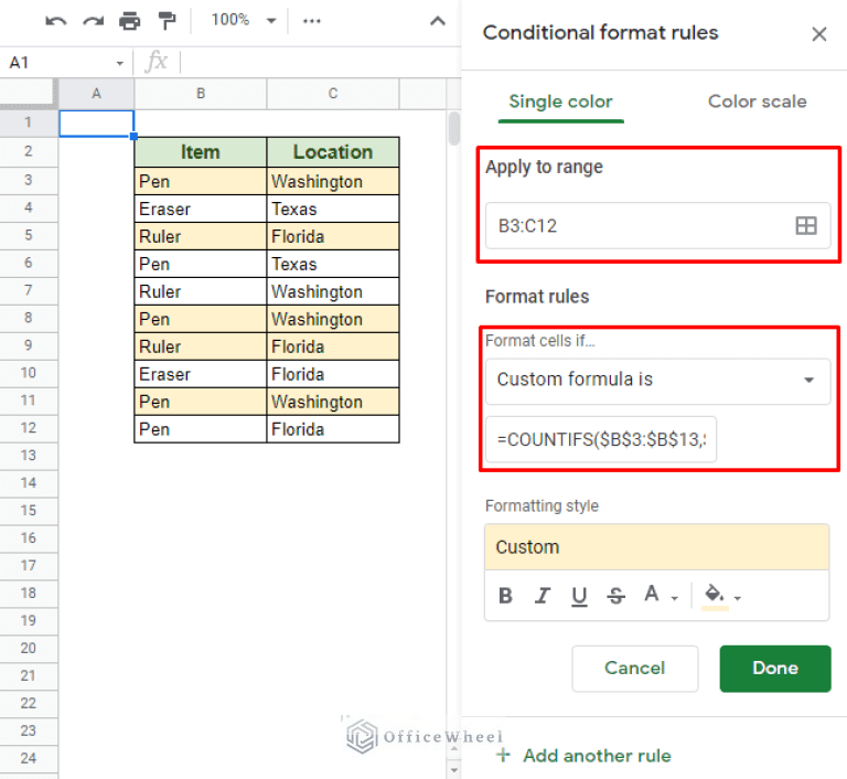 Google Sheets Conditional Formatting with Multiple Conditions