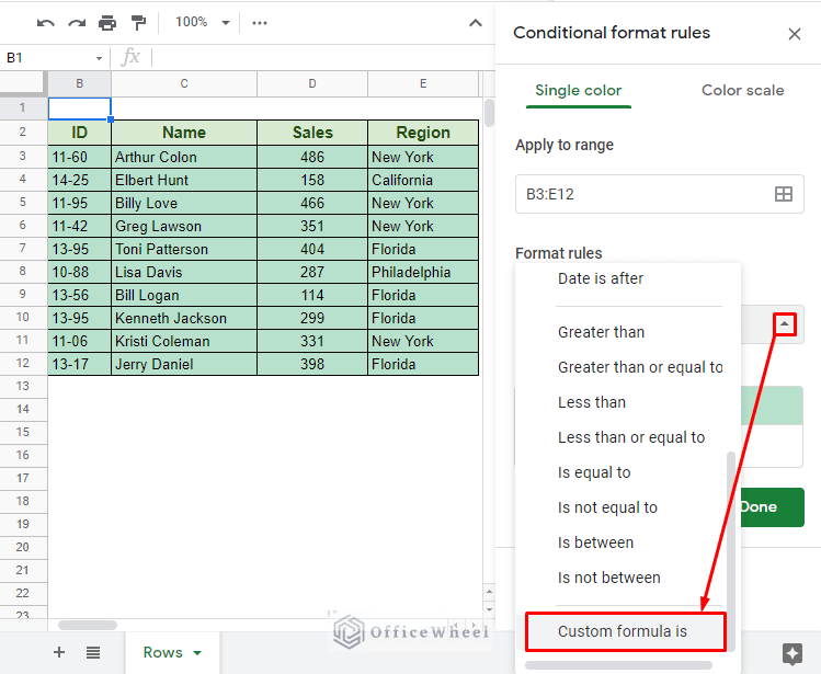 Google Sheets Conditional Formatting Row Based on Cell