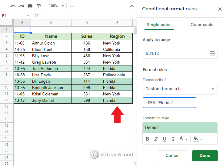 Google Sheets Conditional Formatting Row Based on Cell