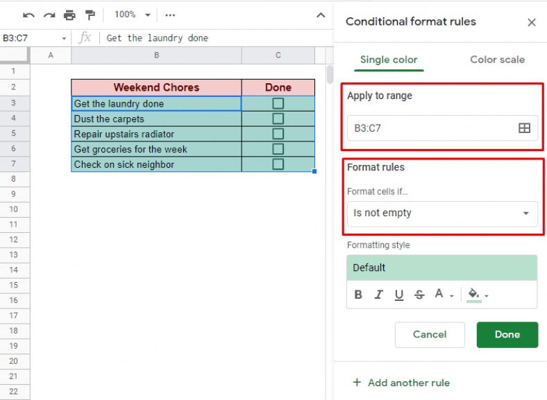 Conditional Formatting with Checkbox in Google Sheets