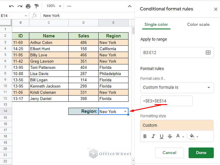 Google Sheets Conditional Formatting Row Based on Cell