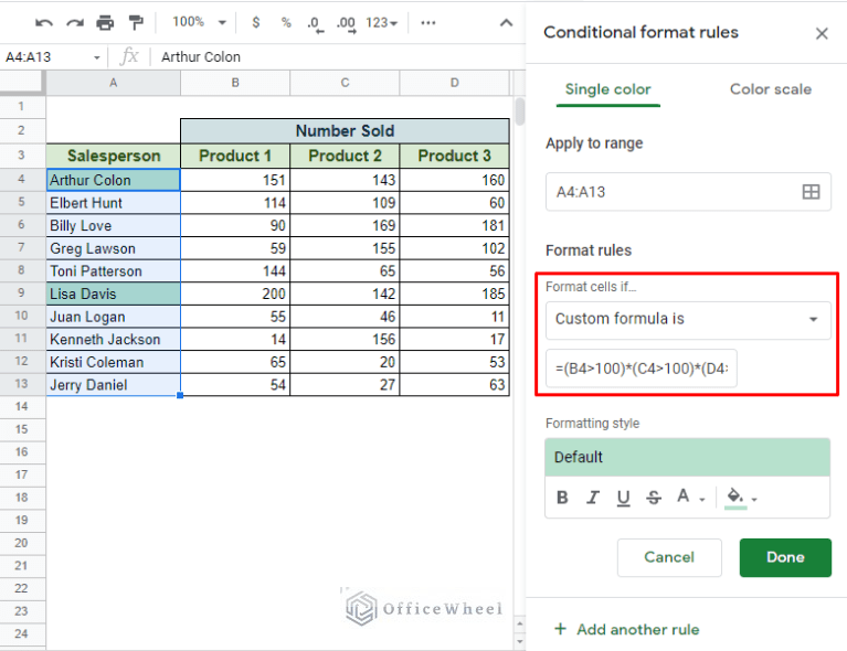 Google Sheets Conditional Formatting with Multiple Conditions