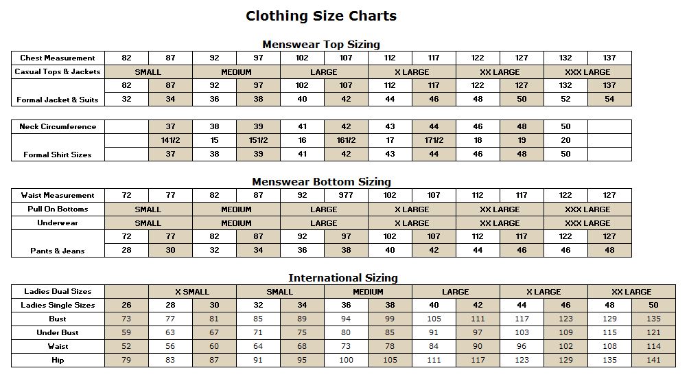 Clothing Size Chart - Official Merchandise