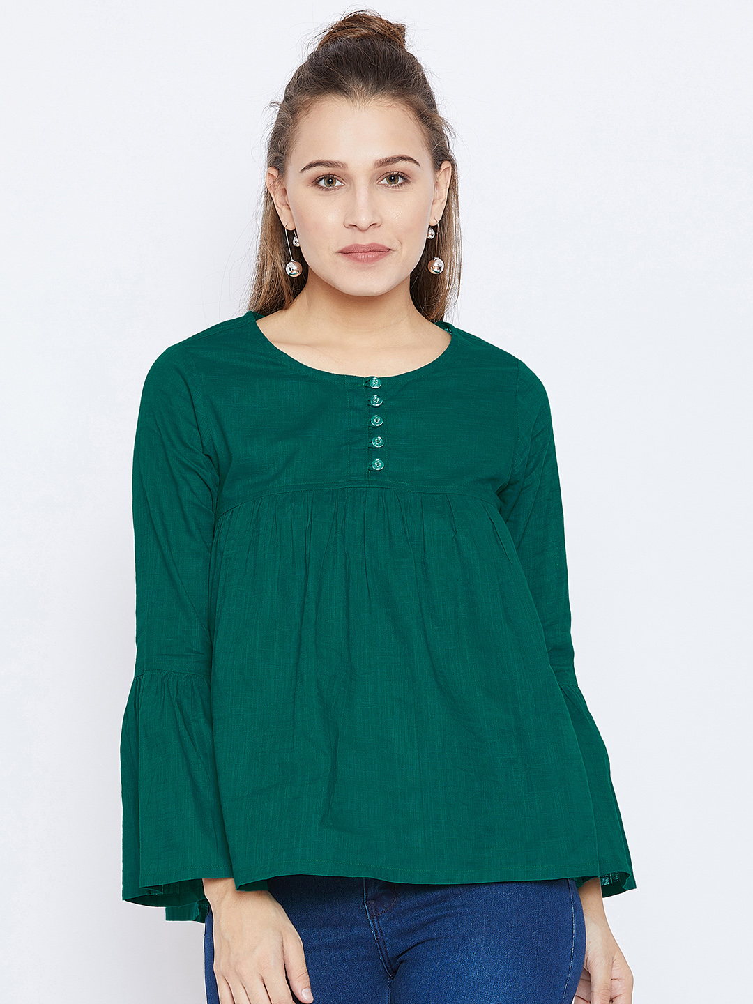 GREEN GATHERED TOP WITH BELL SLEEVES