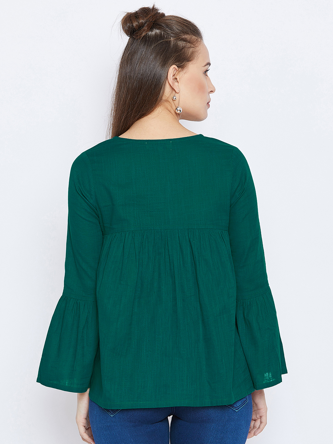 GREEN GATHERED TOP WITH BELL SLEEVES