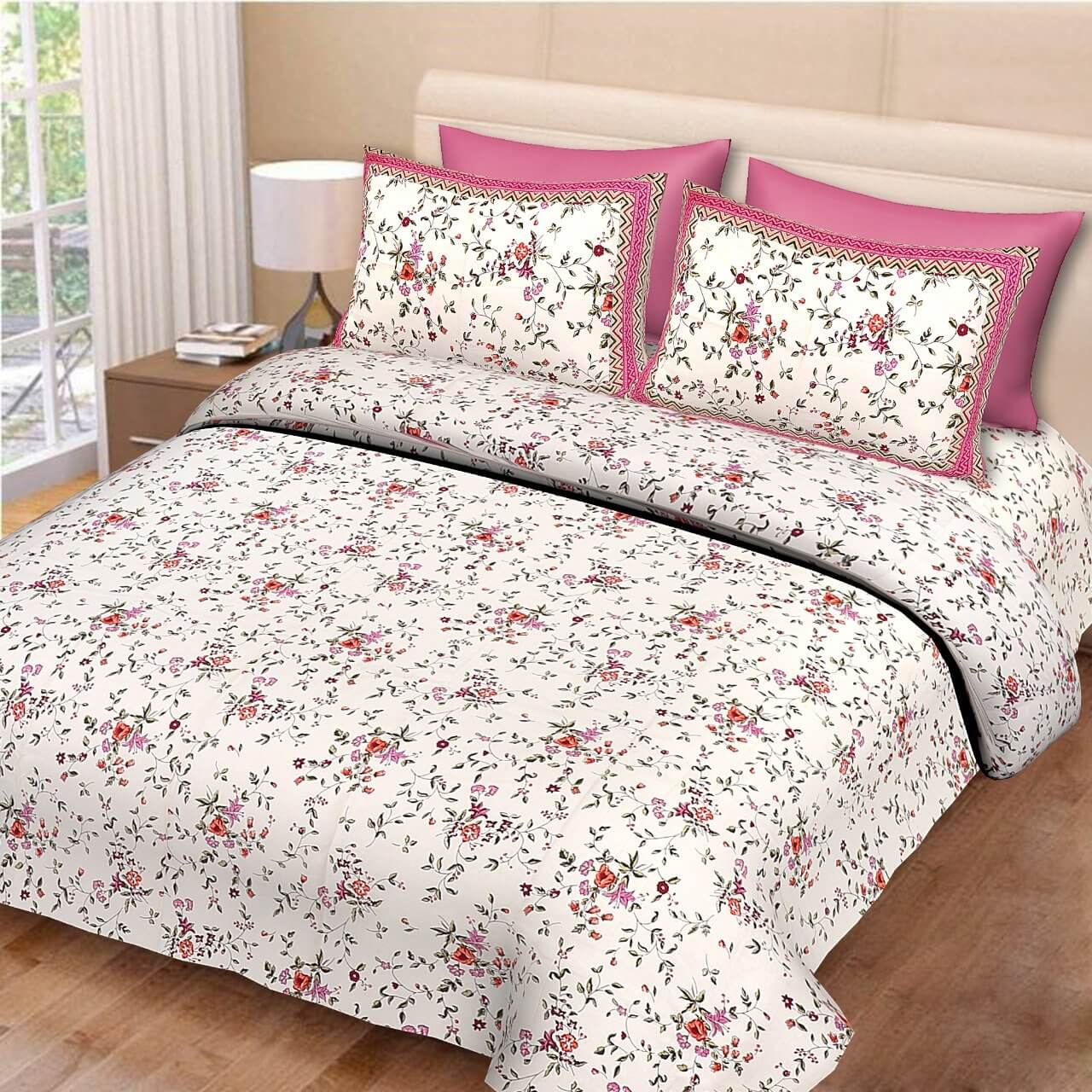 KING SIZE ETHNIC FLORAL PRINTED BEDSHEETS WITH TWO PILLOW COVERS
