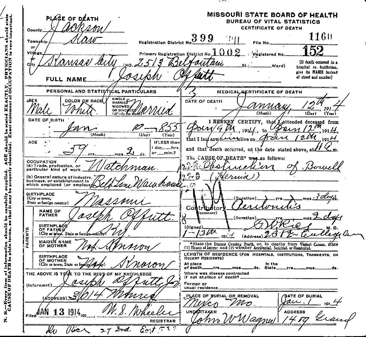 The Offutt Family Genealogy Missouri Death Certificate 1160