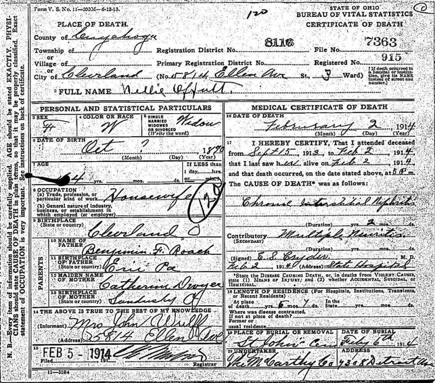 The Offutt Family Genealogy Ohio Death Certificate for Nellie Offutt