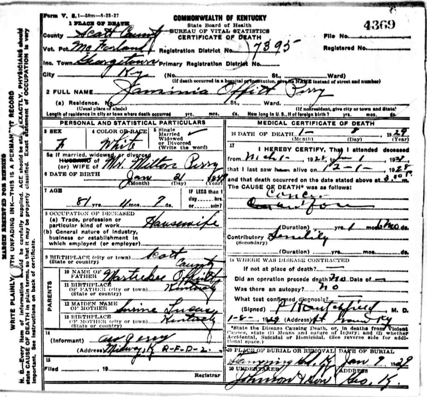 The Offutt Family Genealogy Kentucky Death Certificate 4369 for