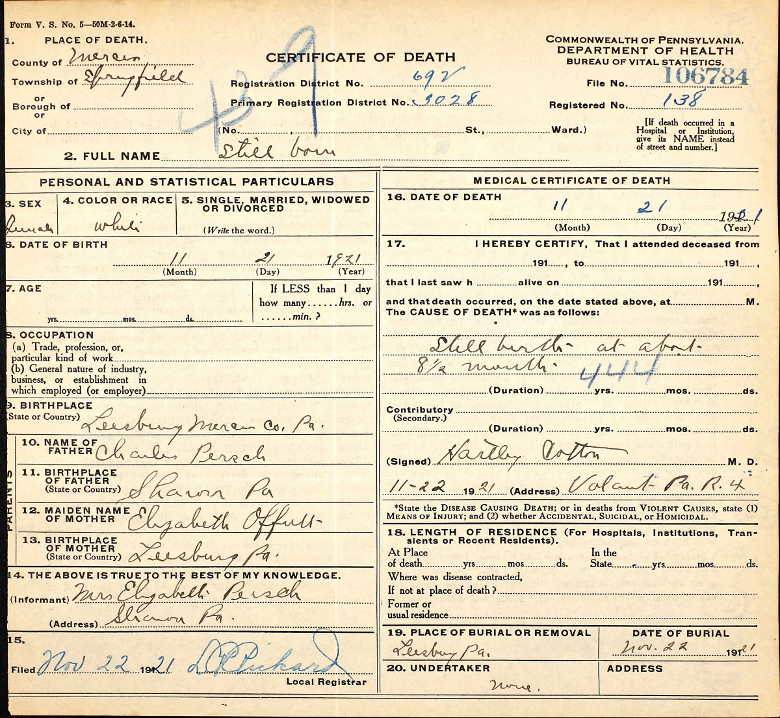 The Offutt Family Genealogy Pennsylvania Certificate of Death for
