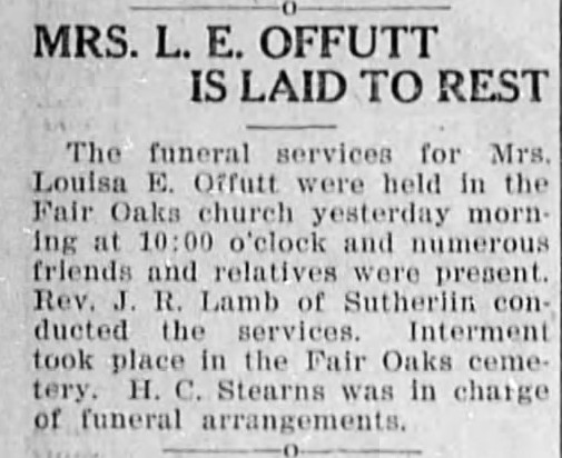The Offutt Family Genealogy Obituary for Mrs. Louisa Allen Offutt