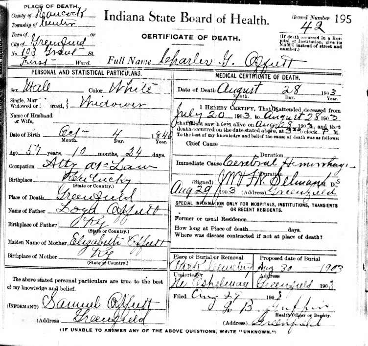 The Offutt Family Genealogy Death Certificate for Charles Grandison