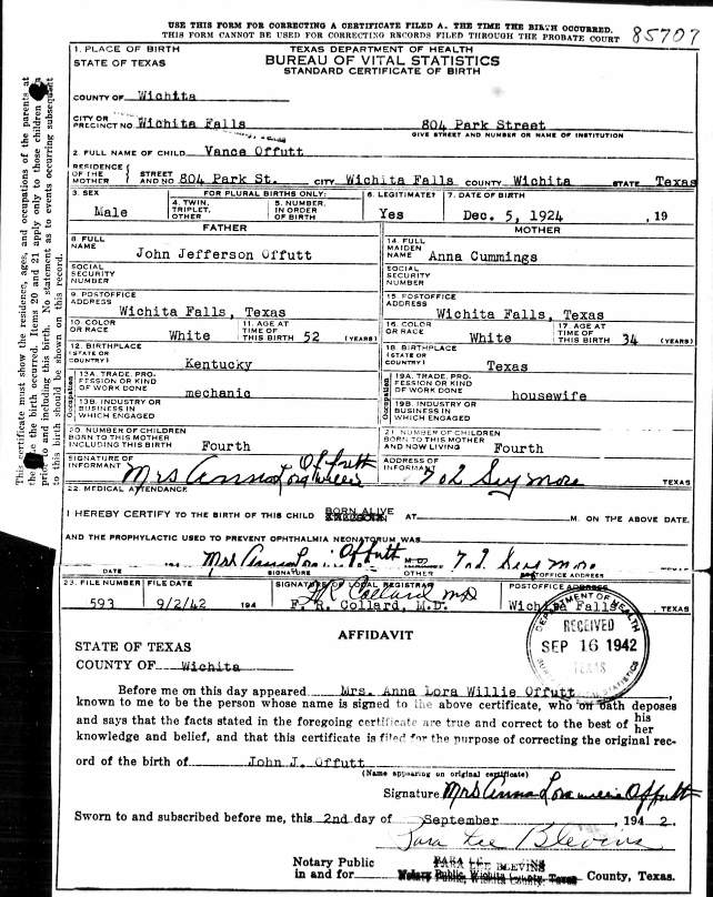 The Offutt Family Genealogy Corrected Certificate of Birth for Vance Offutt