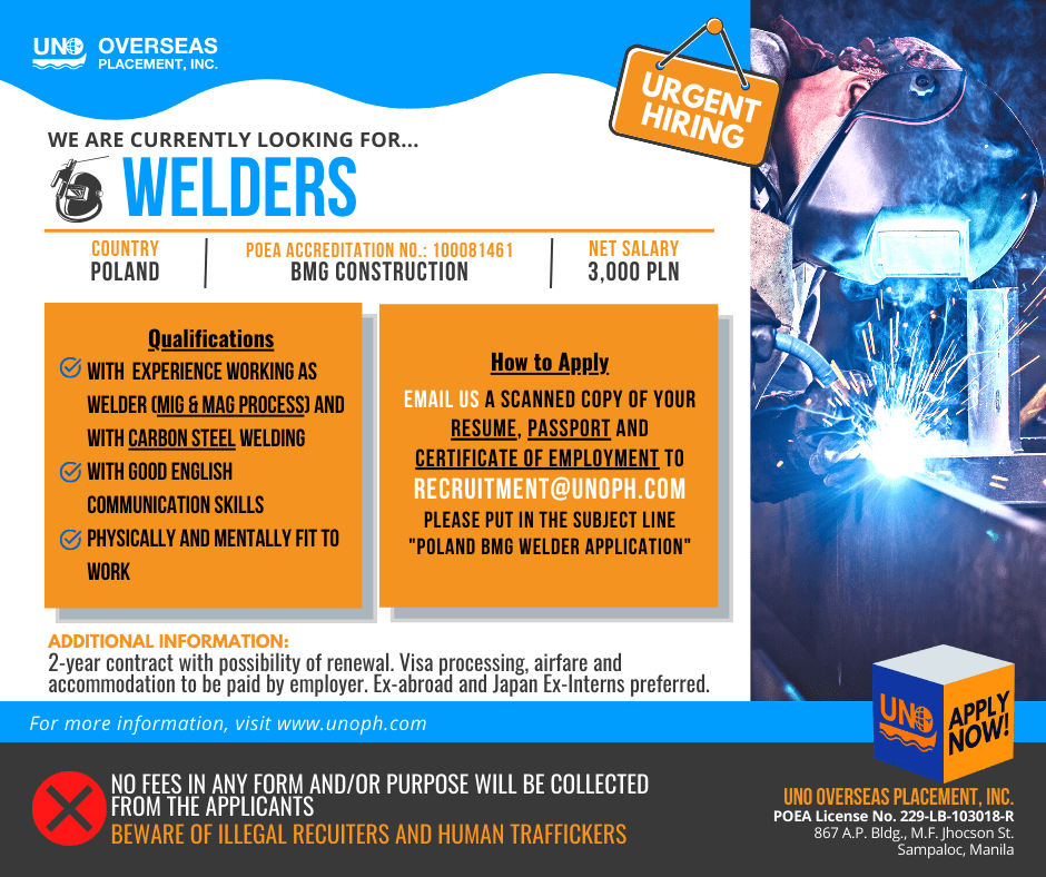 UNO Overseas Placement Inc. is now Hiring Welder for BMG Construction OFW Buddy