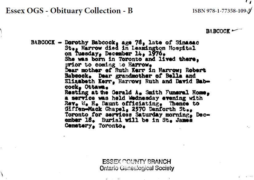Obituaries from Essex County Newspapers; Letter B Ontario Ancestors