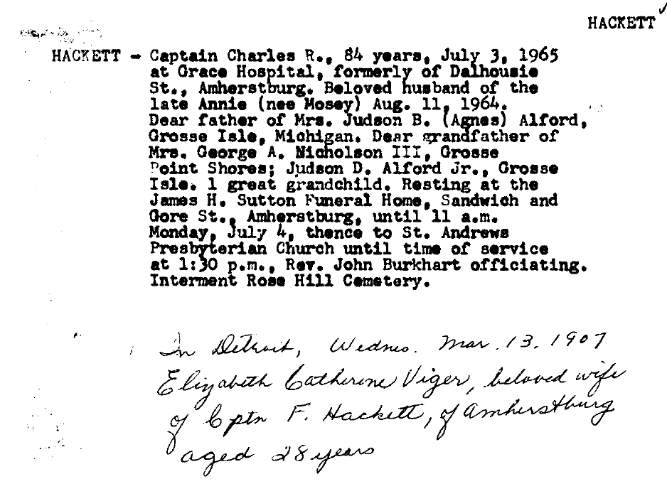 Obituaries from Essex County Newspapers; Letter H Ontario Ancestors