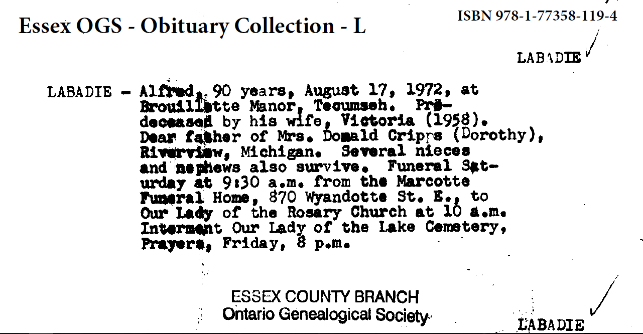 Obituaries from Essex County Newspapers; Letter L Ontario Ancestors