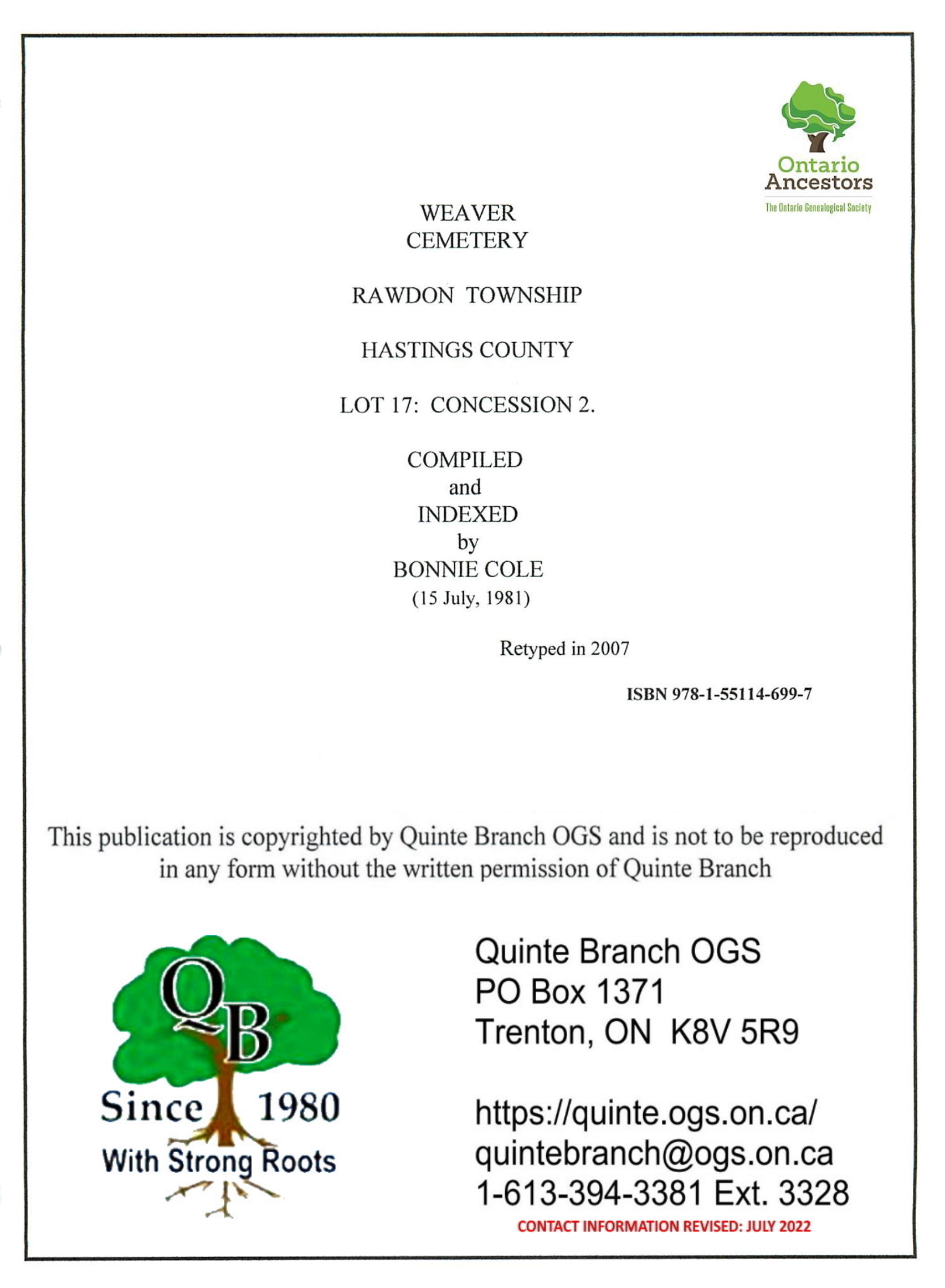 Hastings County Rawdon Township Weaver Cemetery Ontario Ancestors