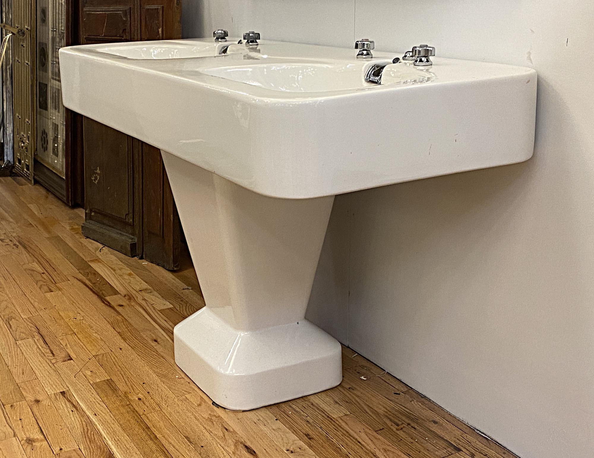 French Art Deco Double Basin White Pedestal Sink Olde Good Things