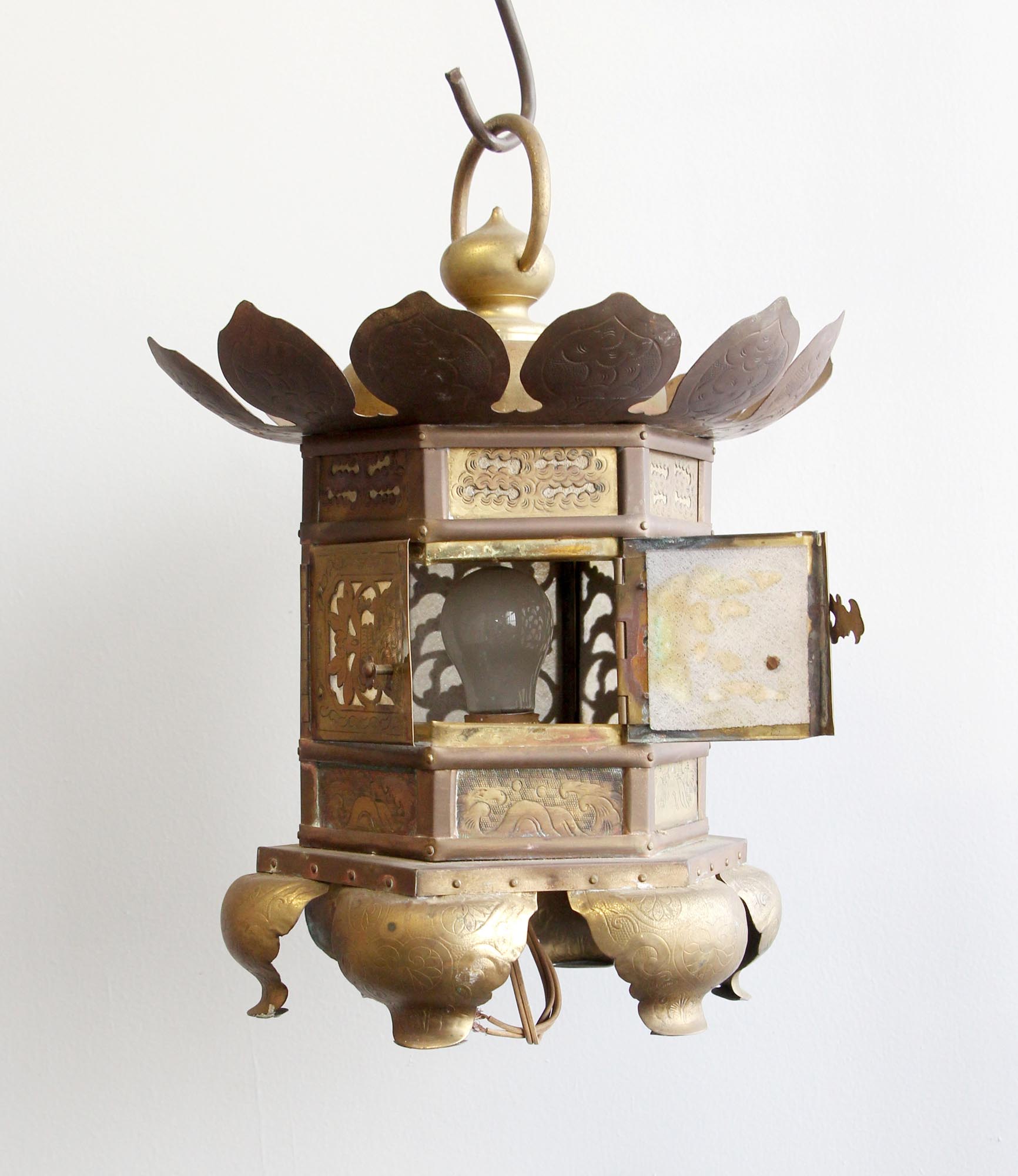 Vintage Stamped & Etched Brass Oriental Hanging Lantern Olde Good Things