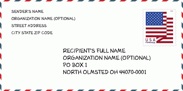 ZIP Code 5 44070 NORTH OLMSTED, OH Ohio United States ZIP Code 5 Plus 4 ️