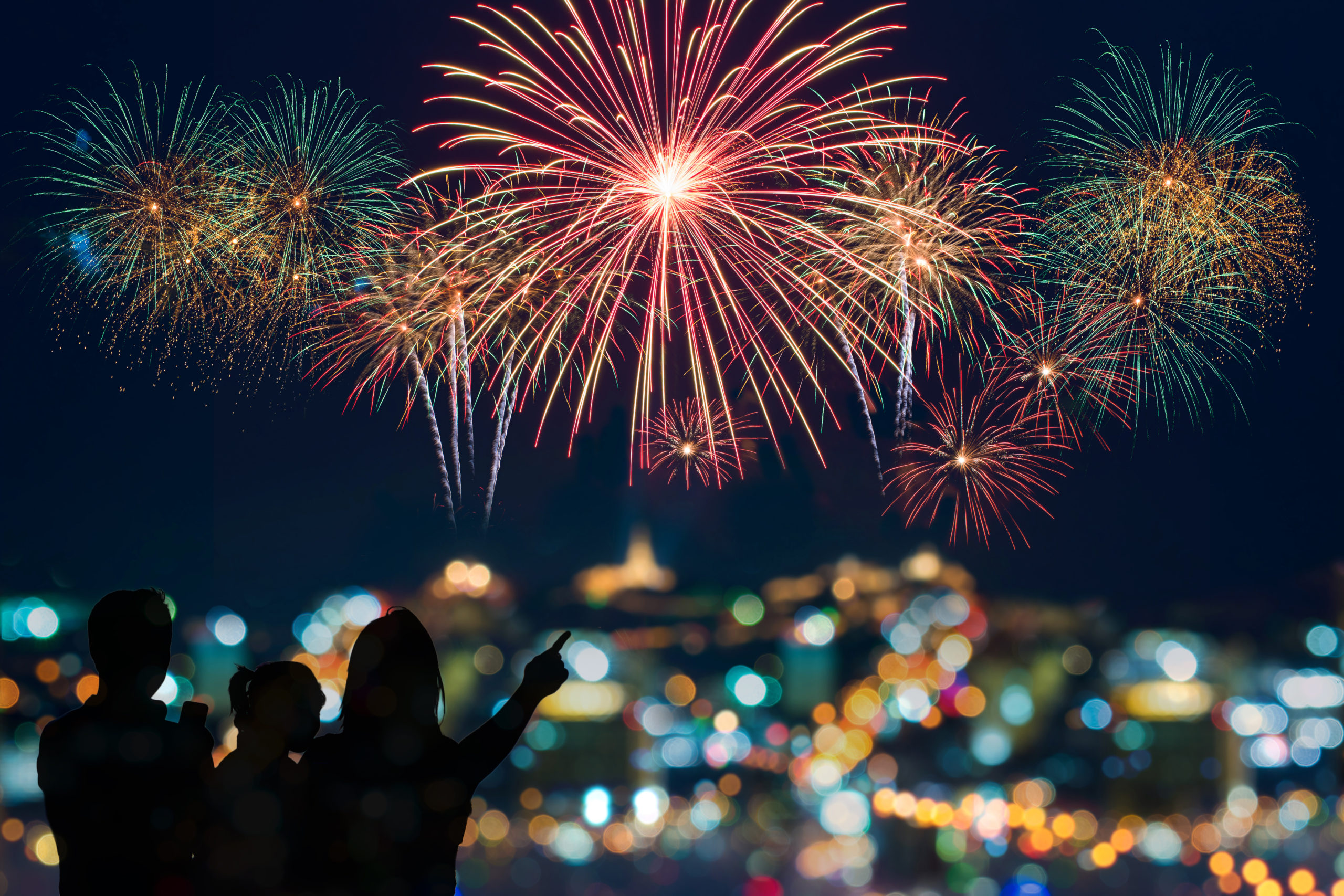 The happy family looks celebration fireworks in the night sky