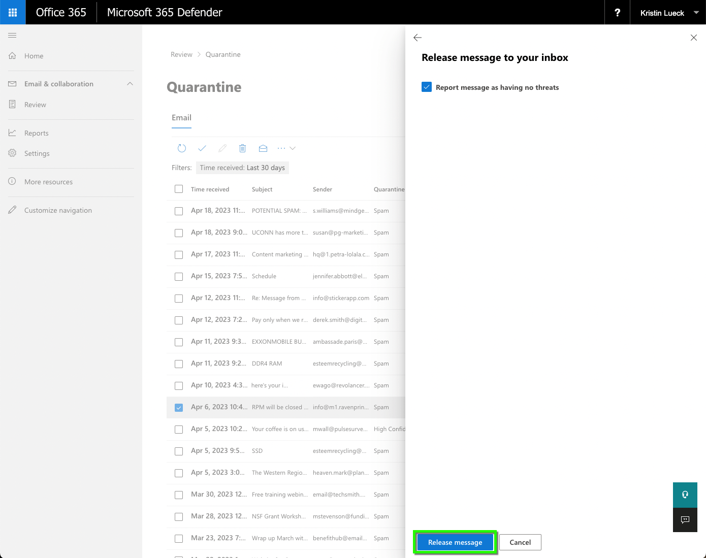 Microsoft Defender Quarantine Release and delete emails Office of