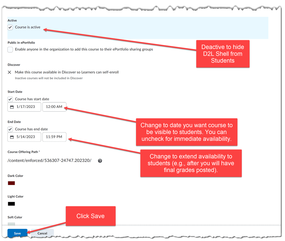 Change Course Offering Information in D2L OIT Knowledge Base
