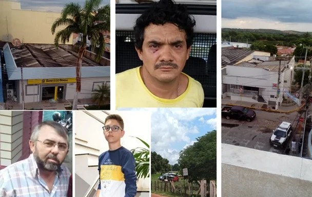 Ao lado direito da tela o Banco do Brasil, abaixo o Sr. João Magalhães e seu filho de 13 anos Vinicius Magalhães (reféns mortos), ao centro um dos bandidos pegos na ação e o helicóptero da Coordenadoria Integrada de Operações Aéreas – Ciopaer | Fotos Divulgação