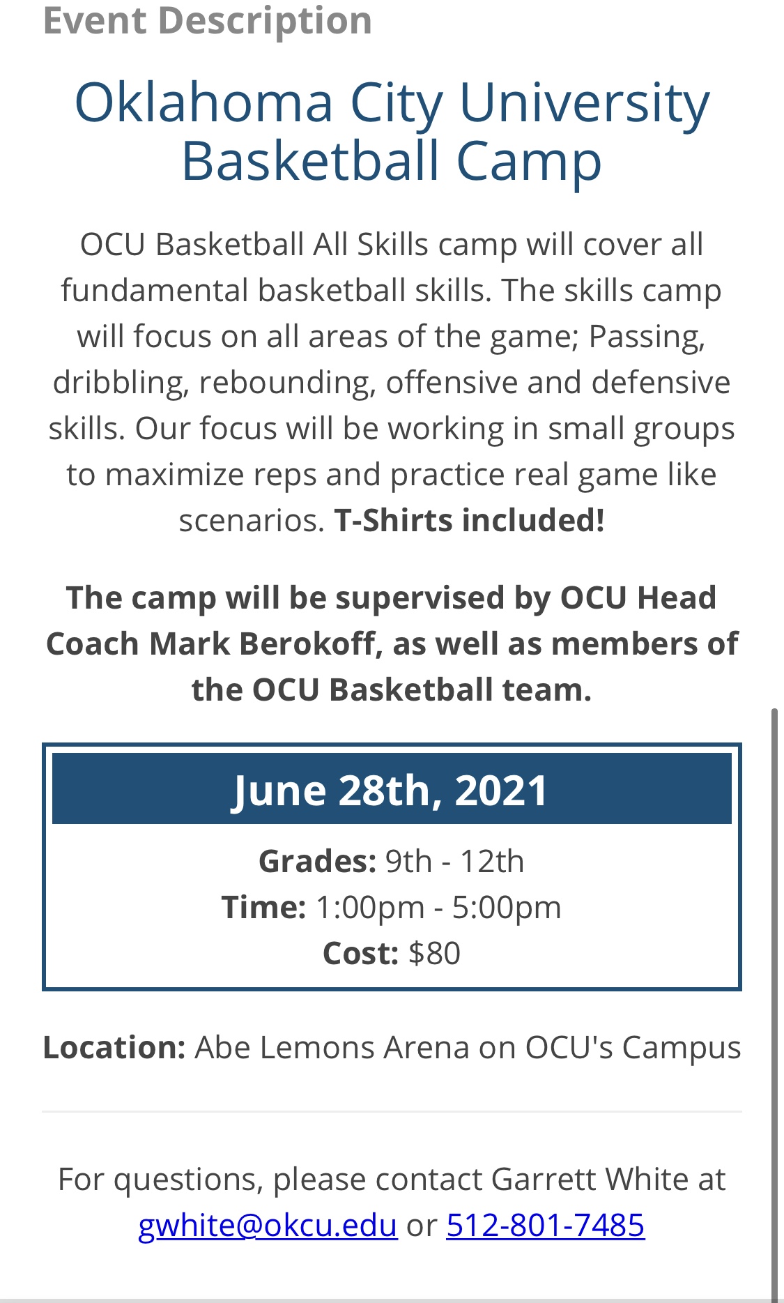 Oklahoma City University Basketball Camp June 28 OBCA